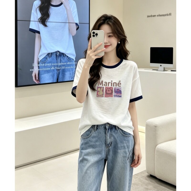 清仓捡漏竹节棉薄款宽松显瘦百搭印花遮肉T恤女打底衫潮