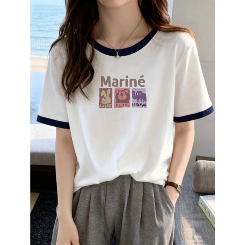 慵懒风韩版复古撞色短袖t恤女夏装新款宽松显瘦百搭休闲上衣纯棉