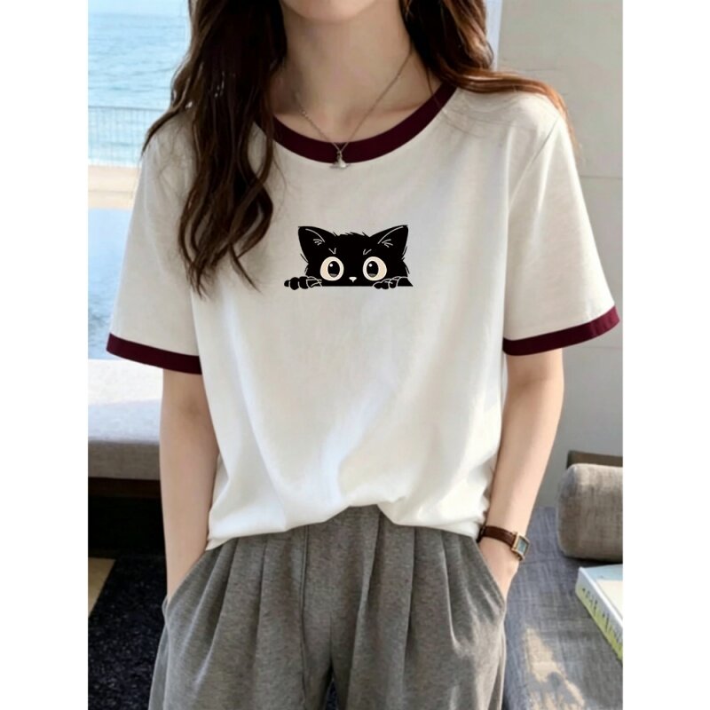 纯棉撞色显瘦短袖t恤女夏装大码休闲胖mm圆领印花休闲上衣