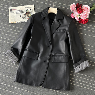 皮西服 2025春新款 高级感绵羊皮真皮西装 外套女条纹皮衣宽松韩版