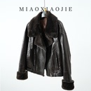 欧货真皮小皮衣女短款 鹅绒羽绒服油蜡绵羊皮毛一体机车夹克外套冬