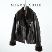 欧货真皮小皮衣女短款 鹅绒羽绒服油蜡绵羊皮毛一体机车夹克外套冬