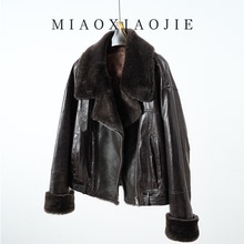 欧货真皮小皮衣女短款鹅绒羽绒服油蜡绵羊皮毛一体机车夹克外套冬