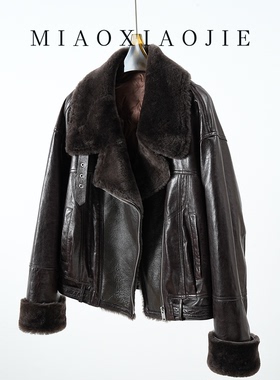 欧货真皮小皮衣女短款鹅绒羽绒服油蜡绵羊皮毛一体机车夹克外套冬