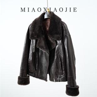 欧货真皮小皮衣女短款 鹅绒羽绒服油蜡绵羊皮毛一体机车夹克外套冬