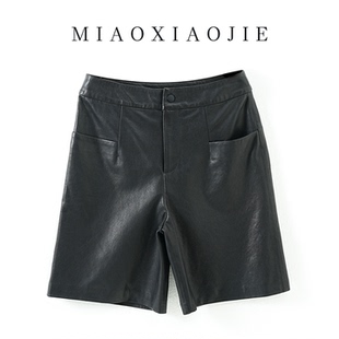 植鞣小羊皮皮裤2025秋冬新款休闲阔腿裤真皮五分高腰皮短裤中裤女