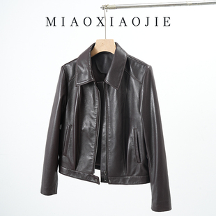 欧洲站2025春秋新款 小个子真皮小皮衣女皮夹克外套 小羊皮短款