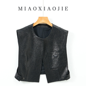 欧洲站2025春秋欧货女圆领小个子短款 绵羊皮真皮背心皮马夹皮坎肩