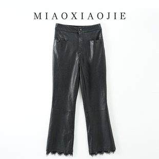 欧洲站蕾丝边裤脚修身2025秋新款小羊皮真皮高腰微喇皮裤女九分裤