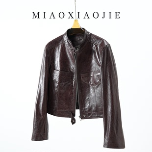 欧洲站高端油蜡羊皮真皮皮衣女短款 小个子皮夹克外套 2026春秋新款