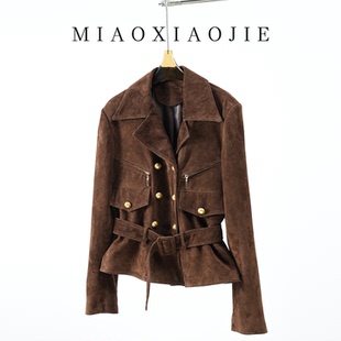 老钱风高端反绒羊皮休闲宽松真皮皮衣外套女2026春新款 廓形皮夹克