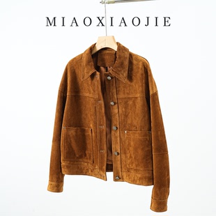 欧洲站高端反绒绒面真皮皮衣女羊皮皮夹克短款休闲皮外套2025新款