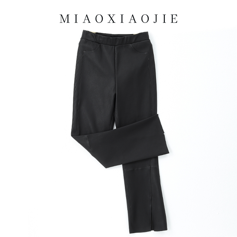 欧洲站2025秋冬新款纯小羊皮真皮弹力高腰开叉皮裤女长裤喇叭裤