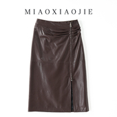 植鞣绵羊皮真皮半身裙中长裙女显瘦高腰包臀开叉一步裙2025新款