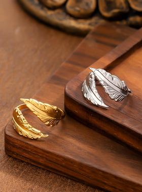 欧美风羽毛戒指女钛钢镀金