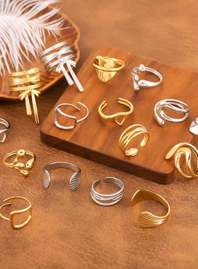 欧美简约镂空几何钛钢戒指