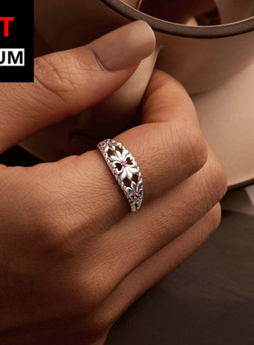 饰品跨境多复古鸢尾花镂空戒指s925纯银氧化简约花朵指环饰品女