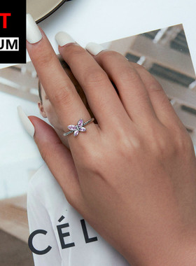 百搭时尚纯银s925粉色蝴蝶麻花开口戒指 简约锆石复古指环饰品女