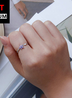 跨境百搭饰品热卖几何纯银s925小花戒指 镀白金锆石紫色花朵指环