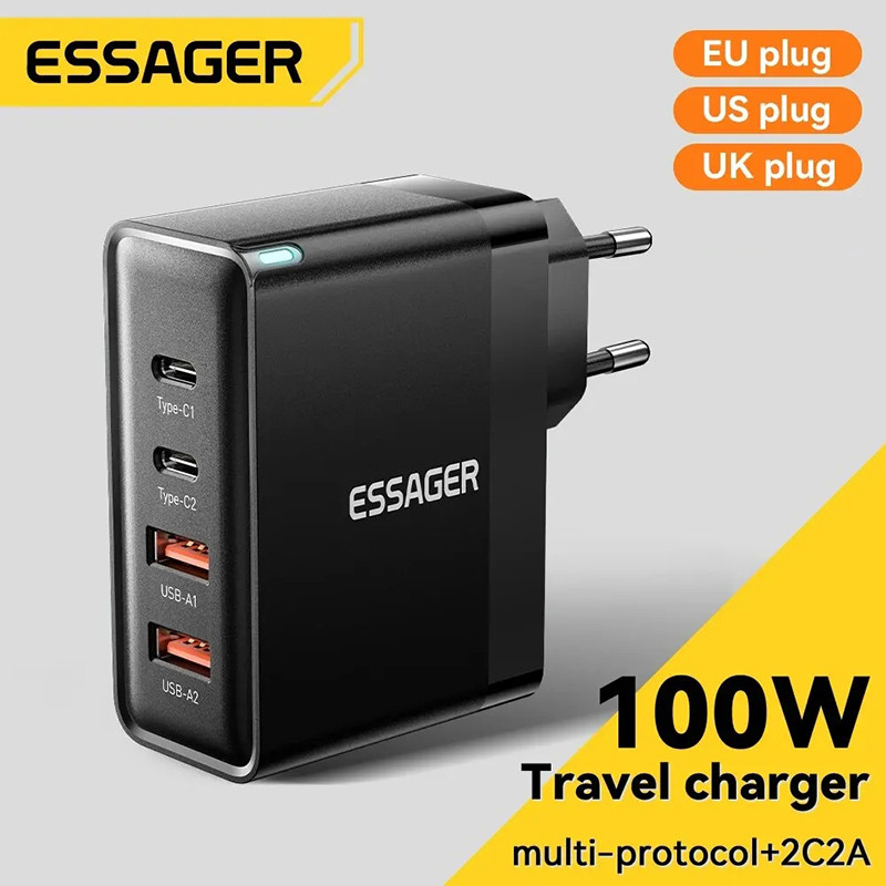 Essager 100W PD Quick USB Type C Charger欧规氮化镓USB快充充电器适用于iPhone15欧洲德国韩国旅行插头