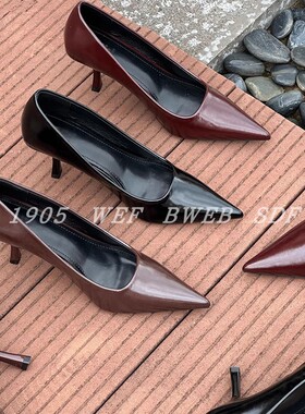 牛皮版  1905手工真皮单鞋女2025新款尖头细跟高跟鞋气质通勤百搭