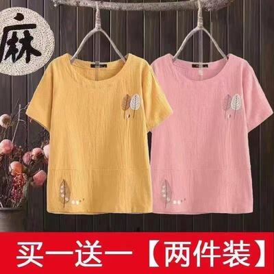 夏季大码棉麻拼接刺绣打底衫女