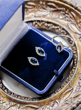 韩国气质个性深蓝色菱形几何小众设计S925纯银耳钉耳饰戒指套装