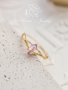 小众梦幻浅紫水晶玫瑰切面925银镀金戒指环 日系气质复古简约个性