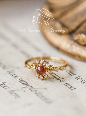 日系复古宫廷风小众设计圆形酒红石榴石太阳花边925银开口戒指环