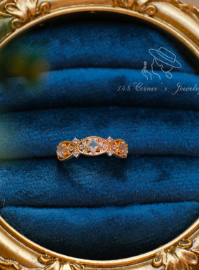 迷雾白昼 日系气质个性复古雕花镂空天然拉长石925纯银镀K金戒指