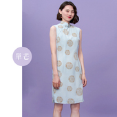 单芒蓝金团花桑蚕丝透气小A字无袖 旗袍裙2020春夏