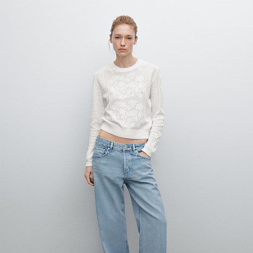 西班牙法式镂空蕾丝圆领针织衫