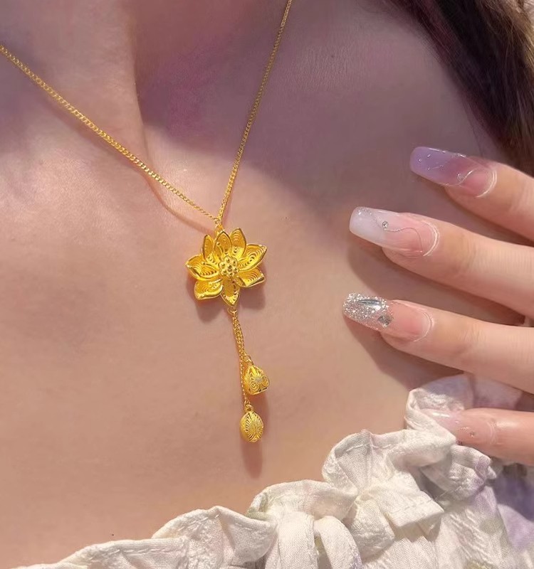 新款24k黄金荷花两世欢项链女款999金古法花丝莲花吊坠3d硬金送礼
