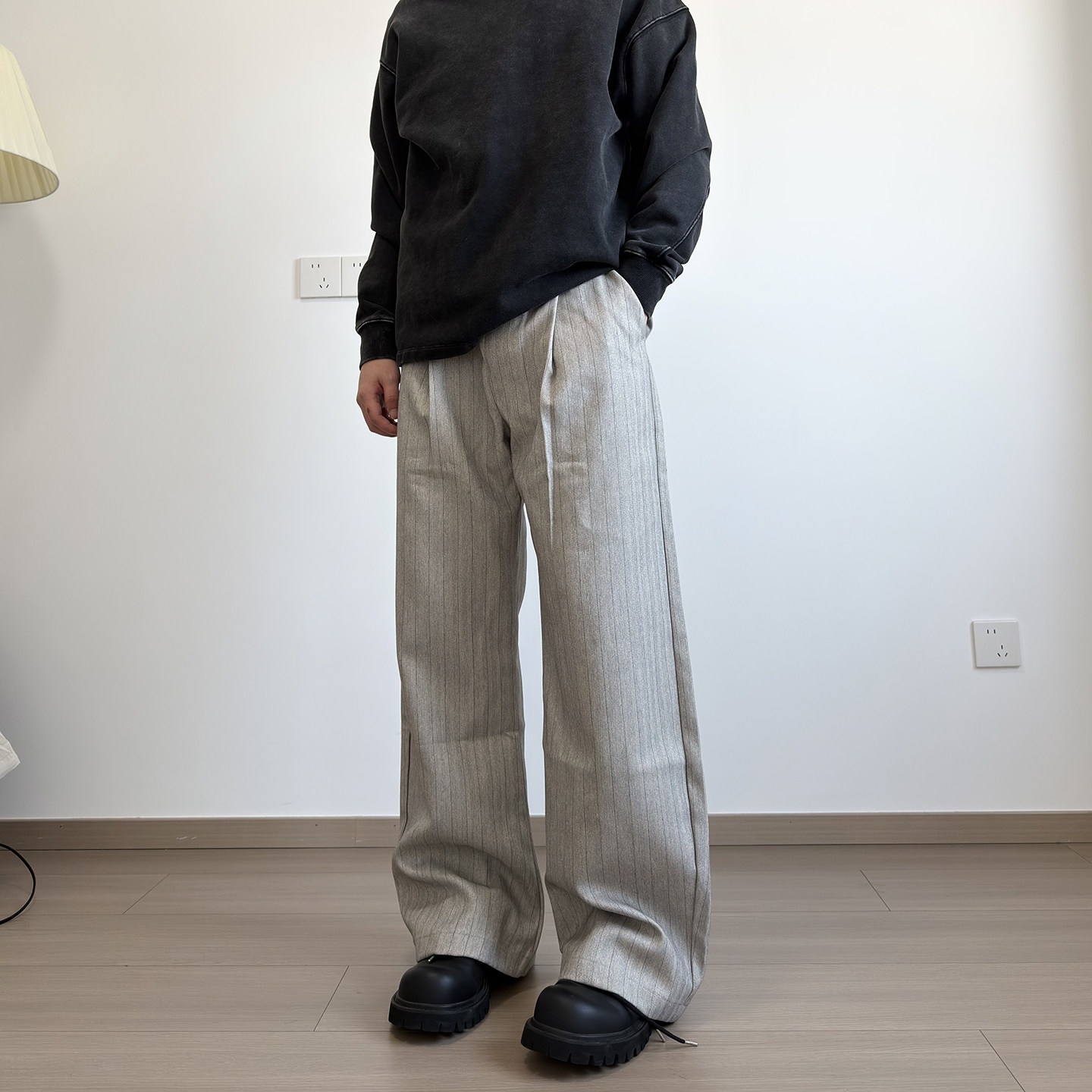 soxiox垂坠感条纹休闲西裤男款宽松直筒高级感日系复古老钱风裤子