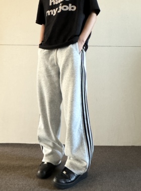 soxiox秋季侧条纹灰色卫裤男女高街直筒宽松休闲裤美式复古裤子潮