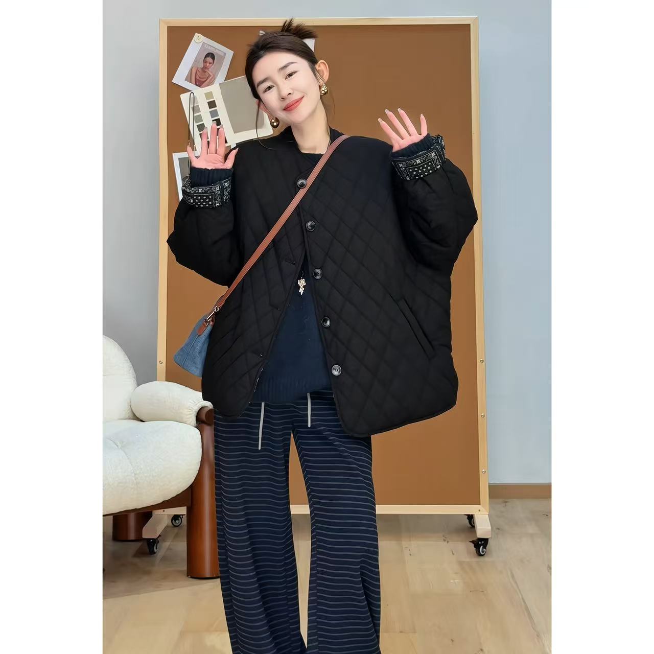 玖了个玖 2025秋季新品极简复古棉布内里圆领格纹棉服 2509C6065