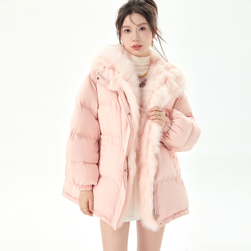 可拆卸大毛领粉色收腰羽绒棉服女棉衣/棉服