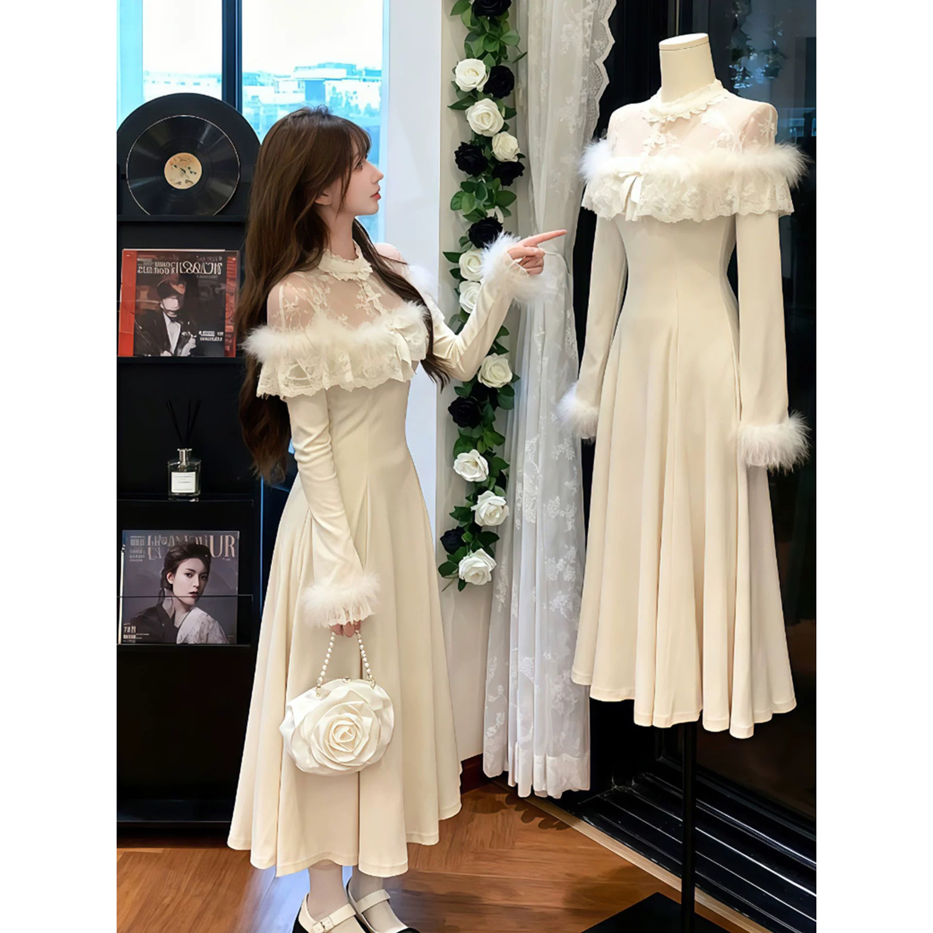 法式千金毛毛领长袖针织连衣裙女秋冬内搭收腰生日礼服绝美长裙子