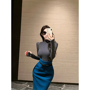 实拍实价 安然浅意 半高领长袖针织打底衫女性感高腰韩系半裙套装