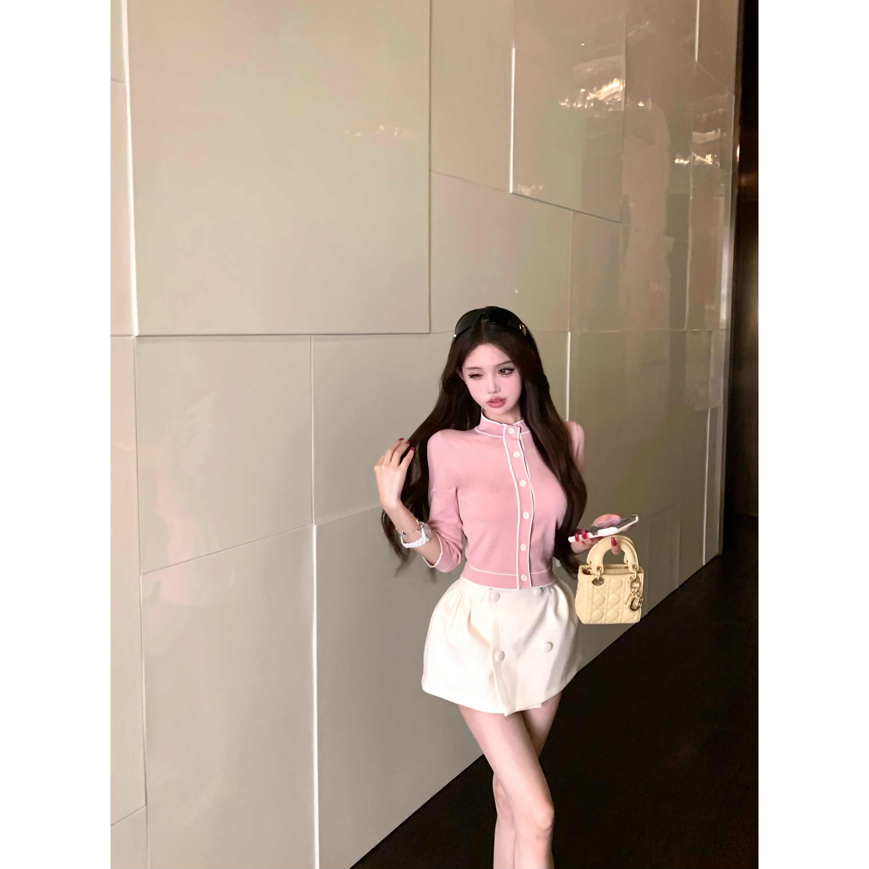 实拍 撞色小香冰丝薄款凉感中袖针织上衣+法式高腰蓬蓬花苞半身裙