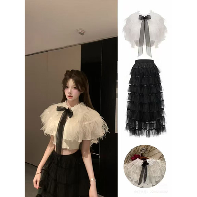 MMiko黑夜白茶雪纺鸵鸟毛斗篷网纱裙套装蛋糕裙黑白色温柔