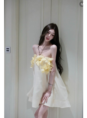 MSTO BALLET 故月惜花 松弛感气质斜肩立体花朵连衣裙温柔生日裙