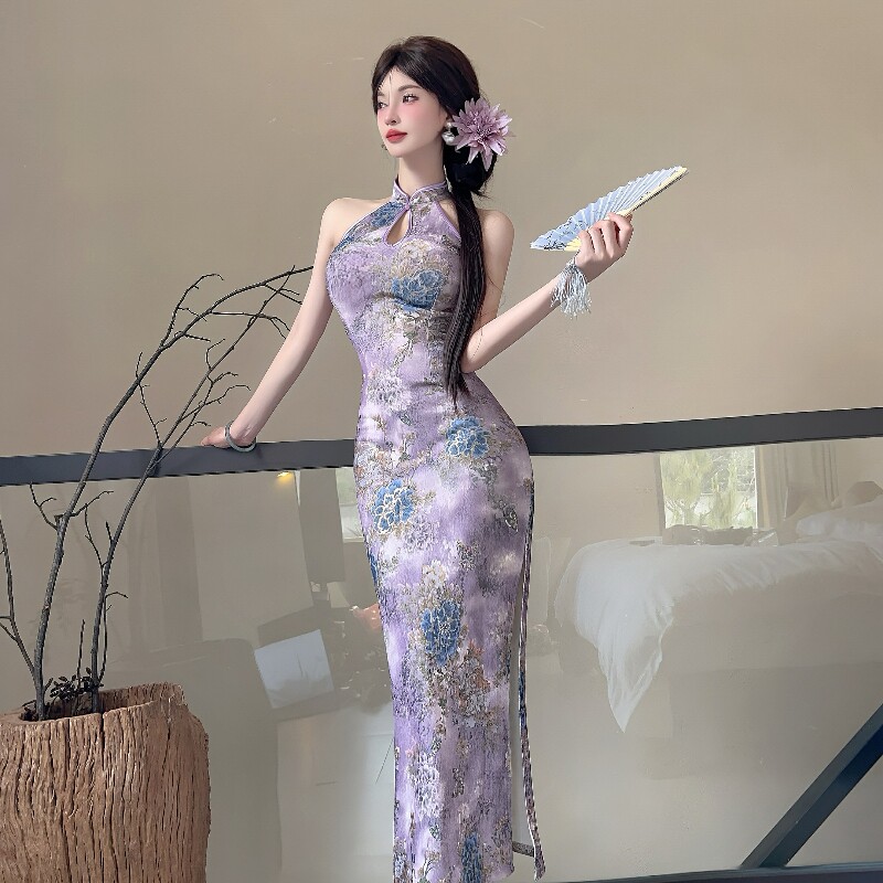 实拍   画报夫人原版面料高级感定制金丝花边花朵中式国风旗袍图片