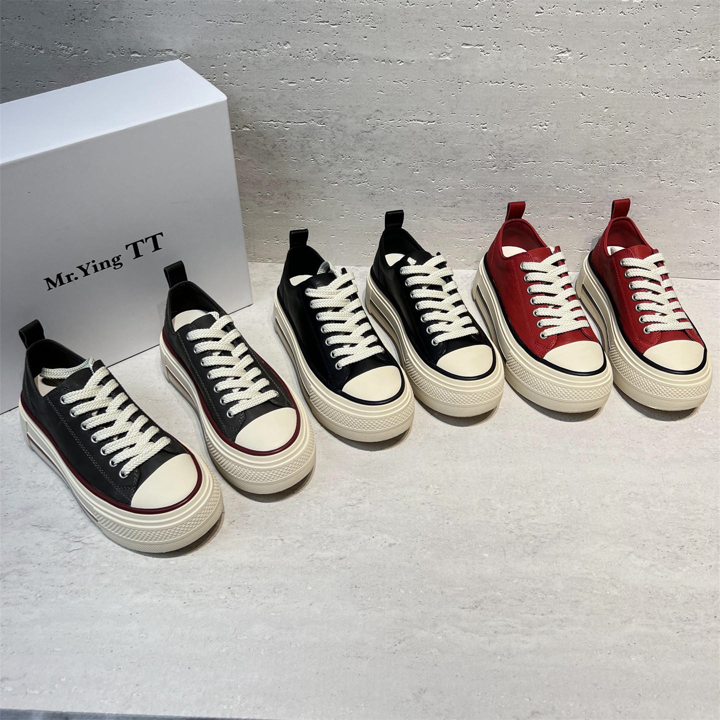 欧洲站真皮圆头厚底休闲运动板鞋