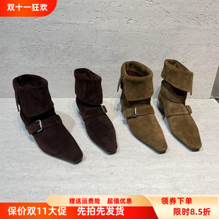 欧洲站女靴2025秋冬新款 短靴马丁靴 欧货真皮磨砂皮粗跟皮带扣时尚