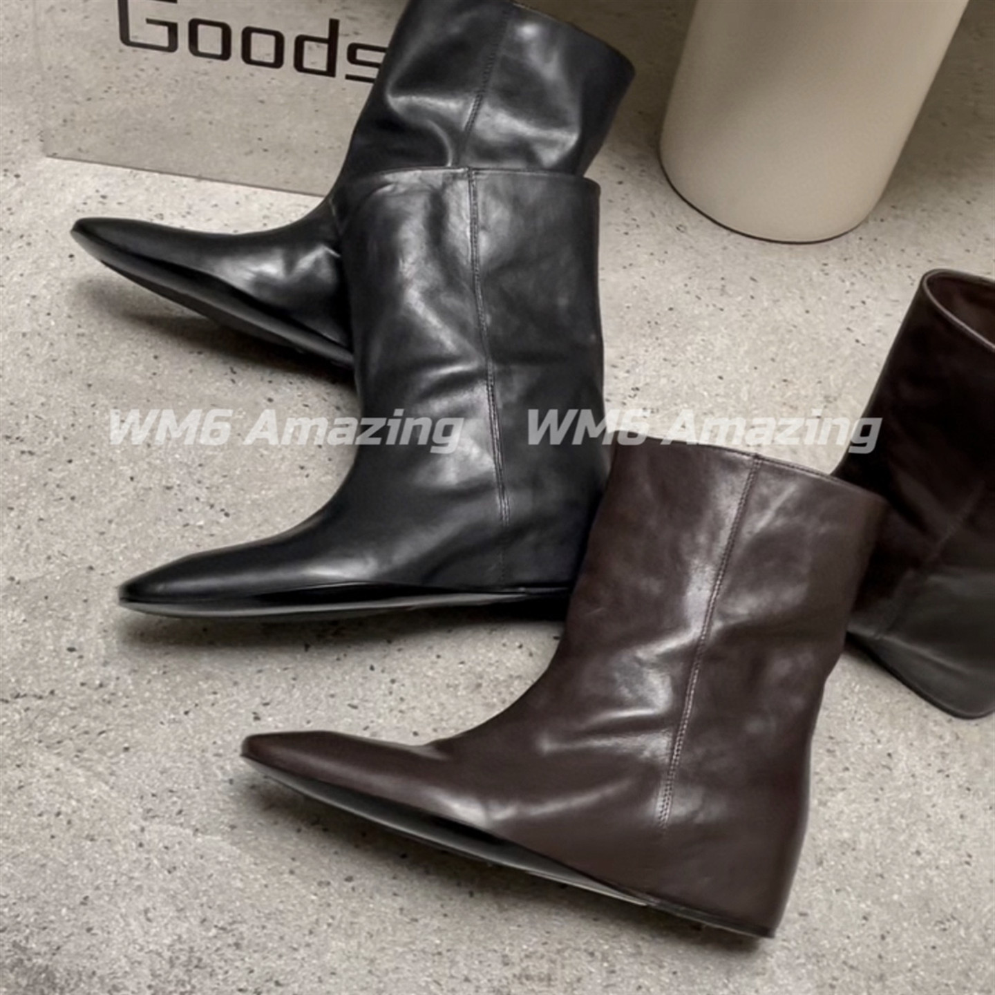 WM6女真皮方头内增高短靴马丁靴