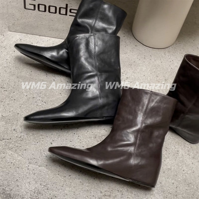 WM6女真皮方头内增高短靴马丁靴