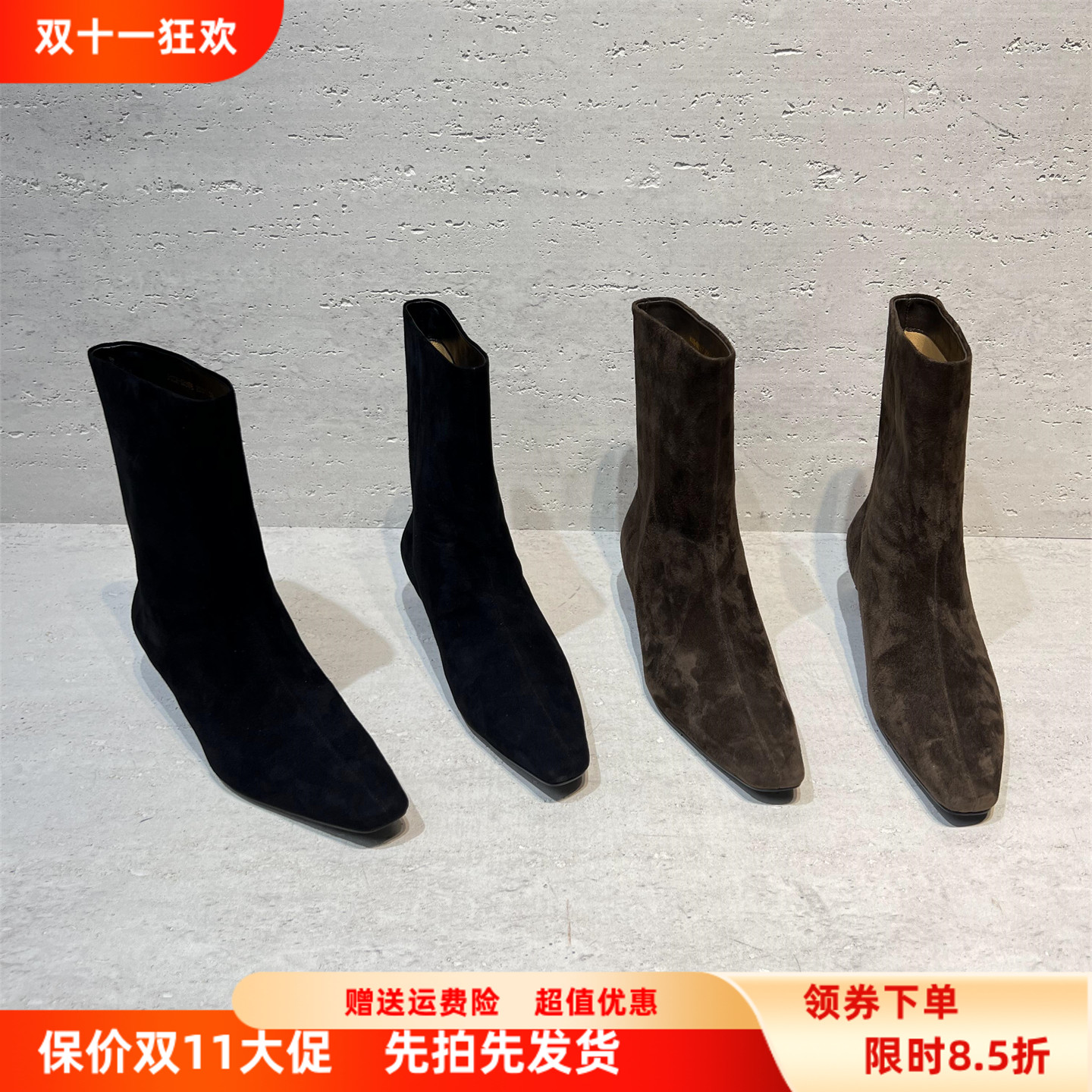 真皮磨砂皮方头时装马丁靴中筒靴