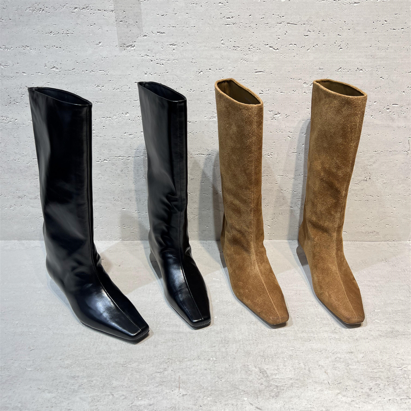 真皮方头细跟时装高筒长靴骑士靴