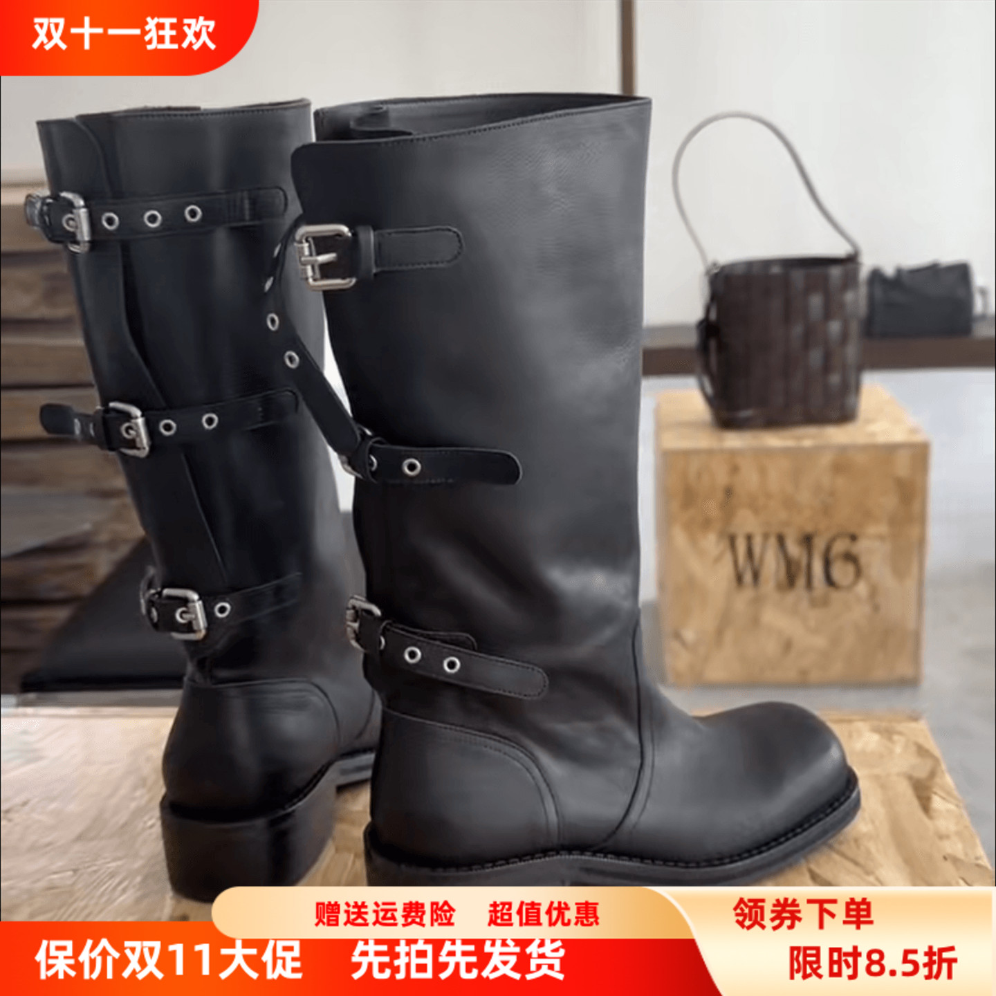 欧洲站真皮粗跟皮带扣机车马丁靴